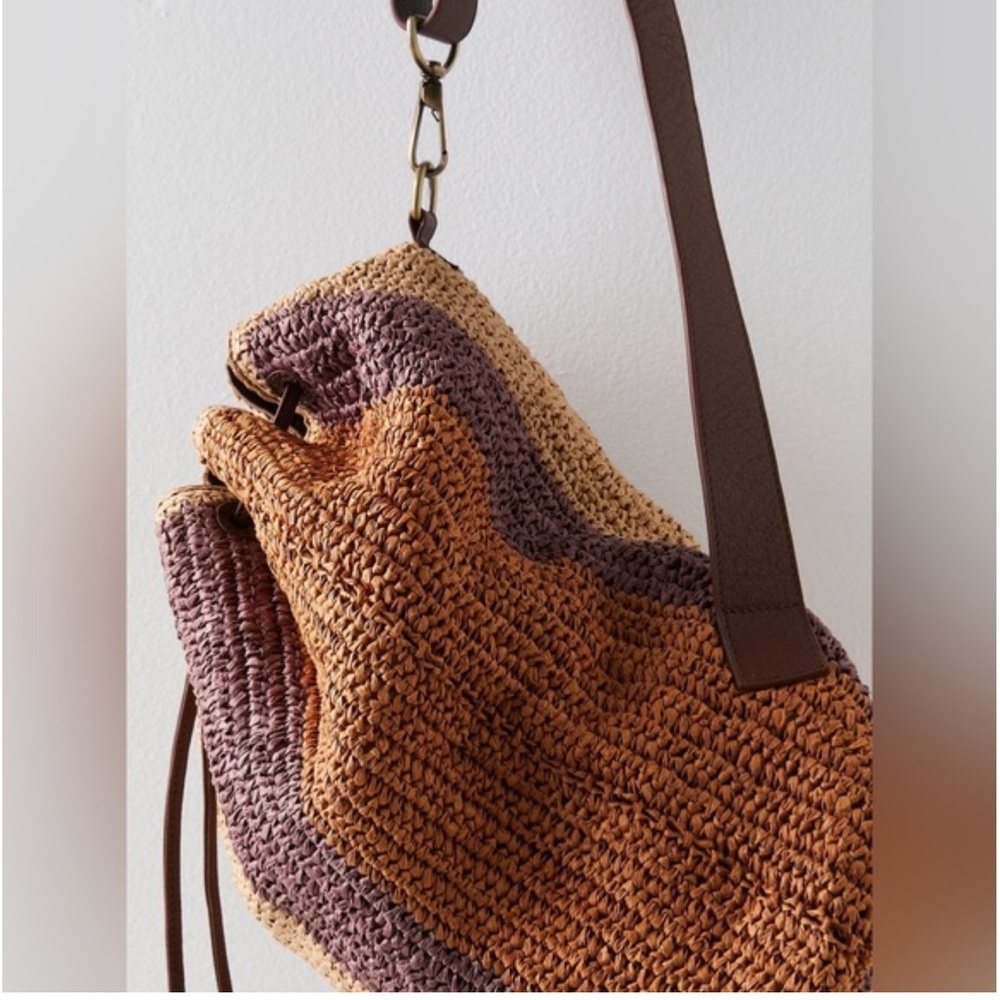 Free People Raffia Drawstring Backpack - Brown, Tan, Purple - Picture 7 of 11